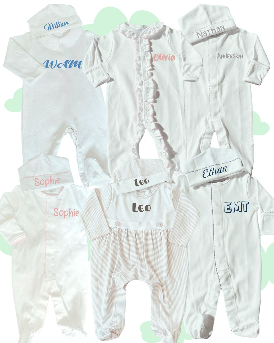 Personalized coming home sets, crafted from 100% Pima cotton, featuring custom embroidered names on the hat and footie. These soft and stylish sets are perfect for welcoming newborns home and make thoughtful gifts for new parents