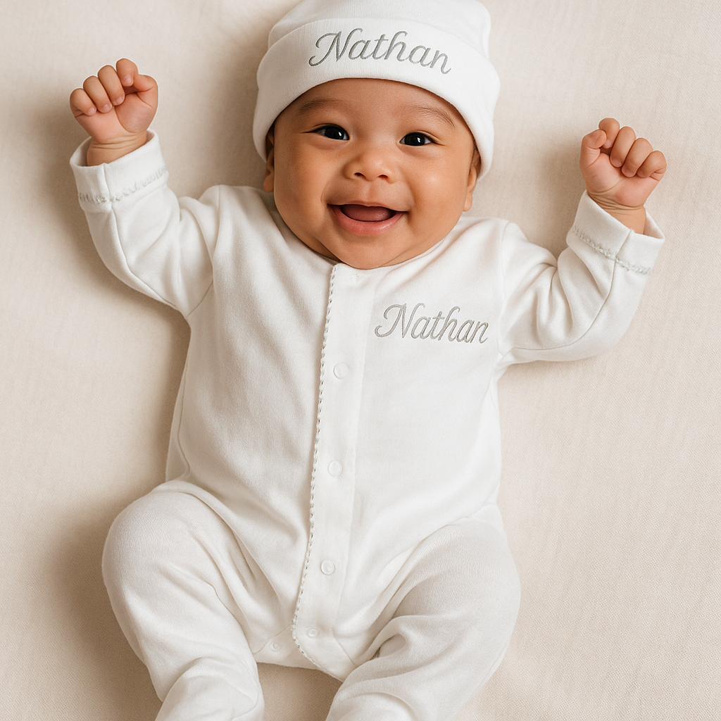 Personalized coming home sets, crafted from 100% Pima cotton, featuring custom embroidered names on the hat and footie. These soft and stylish sets are perfect for welcoming newborns home and make thoughtful gifts for new parents