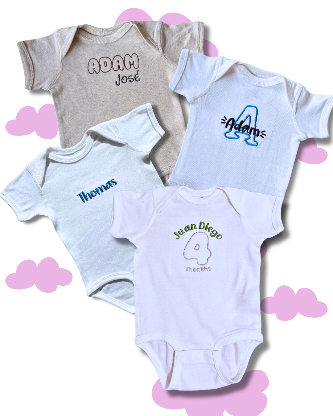 Personalized custom onesies featuring embroidered initials and names, including designs for monthly milestones. Soft and comfortable, these onesies are perfect for capturing precious moments and make ideal gifts for newborns and parents