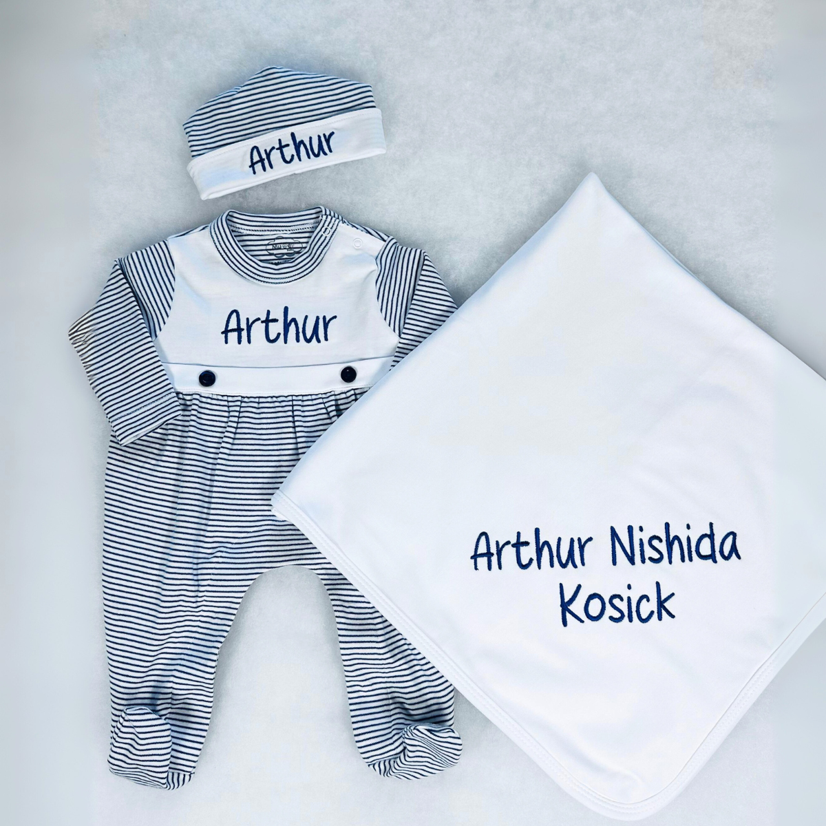 Navy Tiny Stripe Bib Front Footie and Hat