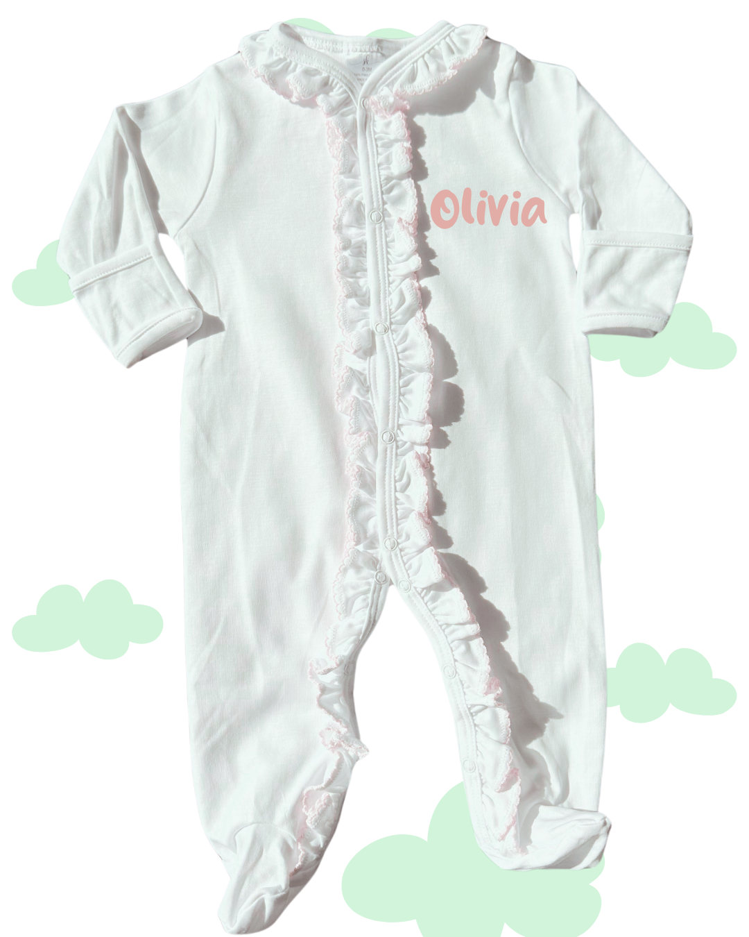 White with Pink Double Ruffle Picot Footie: 0-3 M