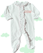 White with Pink Double Ruffle Picot Footie: 0-3 M