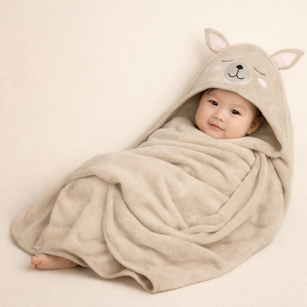 Organic Bamboo Baby Hooded Towel (Alpaca) - Option to personalize it
