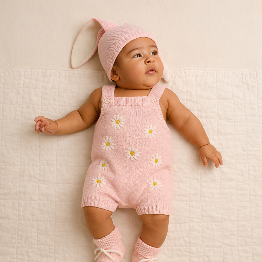 Spring Floral Knitted Baby Girl Outfit – Pima Cotton Newborn Gift Set for Baby Photoshoot
