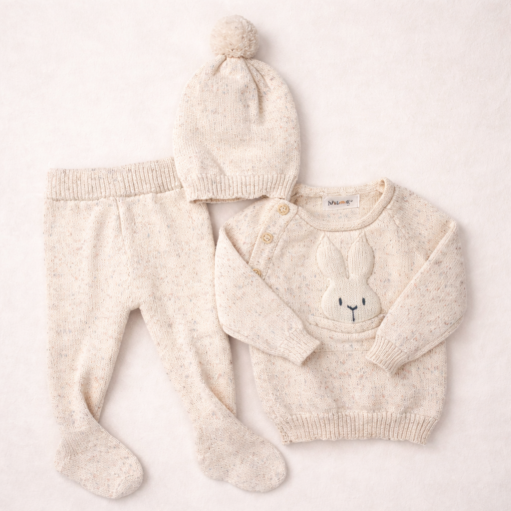 Knitted Baby Coming Home Outfit with 3D Bunny Design