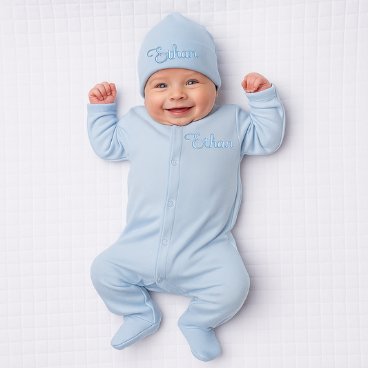 Baby Blue Picot Footie and Hat
