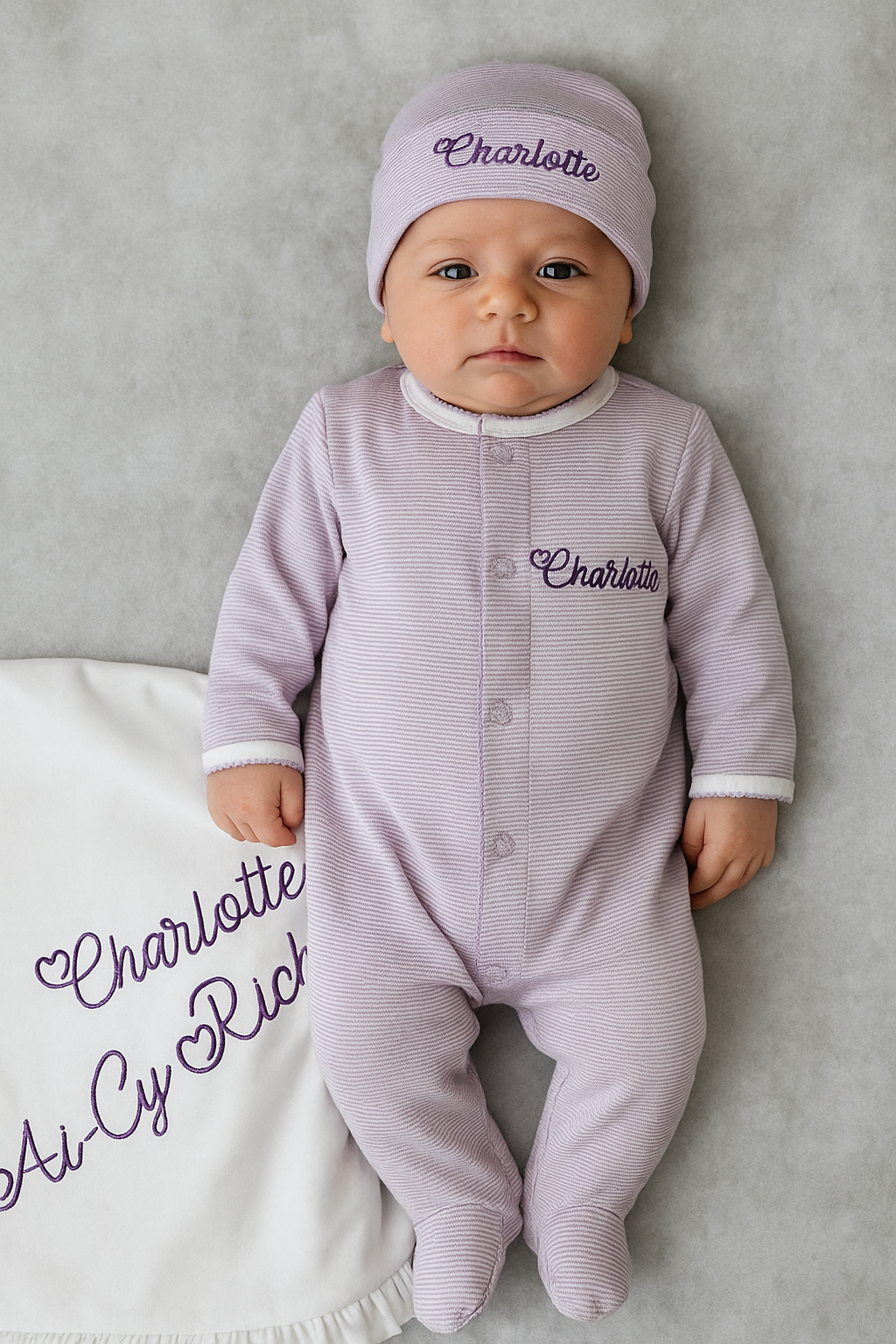 Lavender Tiny Stripe Footie and Hat