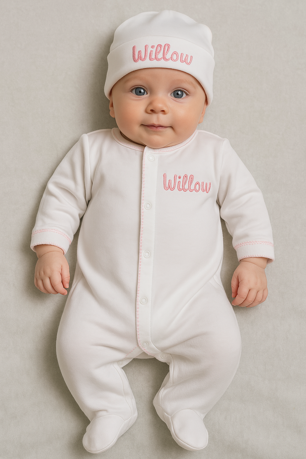 White with Pink Picot Footie and Hat