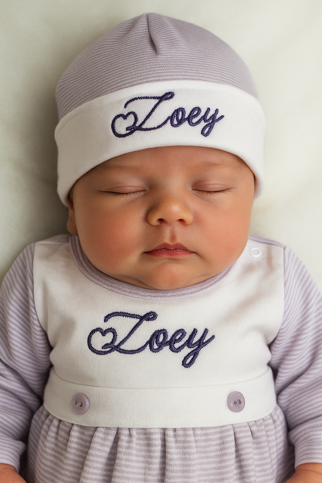 Lavender Tiny Stripe Bib Front Footie and Hat