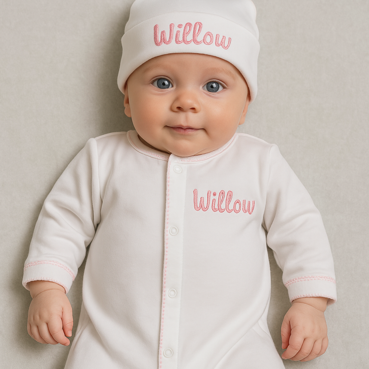 White with Pink Picot Footie and Hat