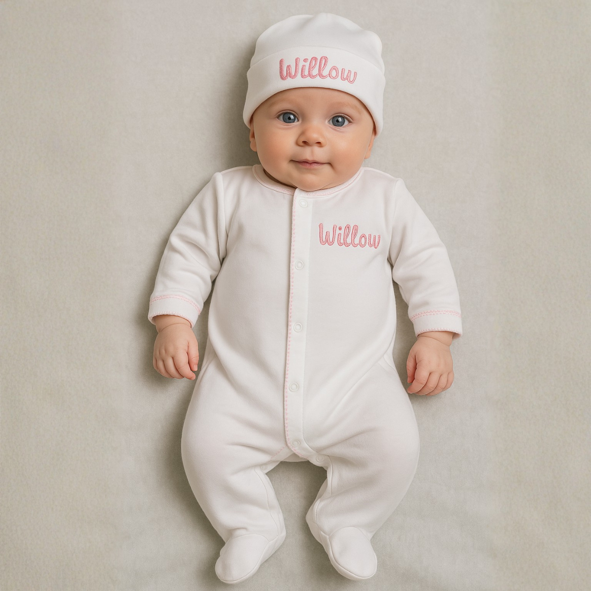 White with Pink Picot Footie and Hat