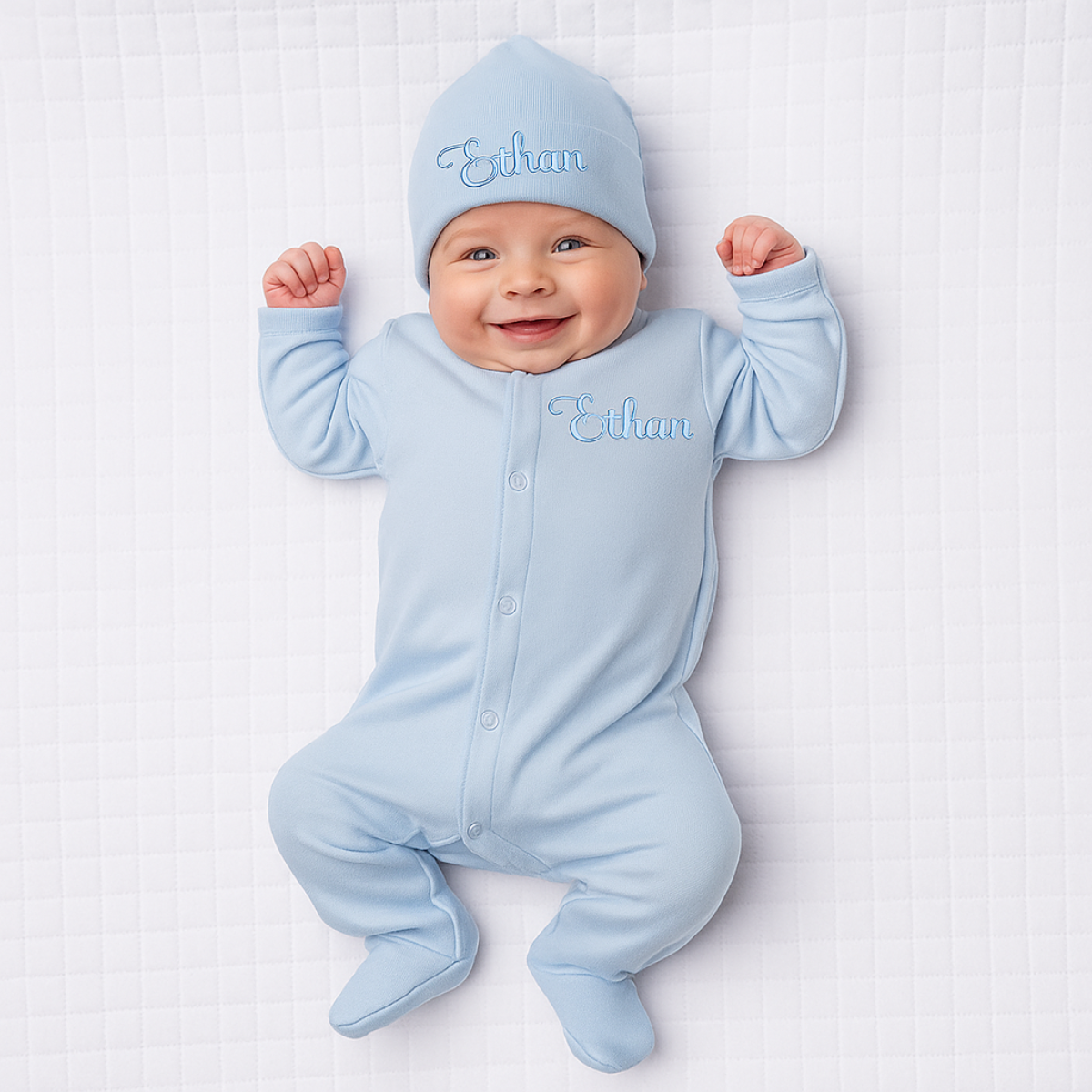 Baby Blue Picot Footie and Hat