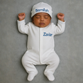 White with Baby Blue Footie and Hat