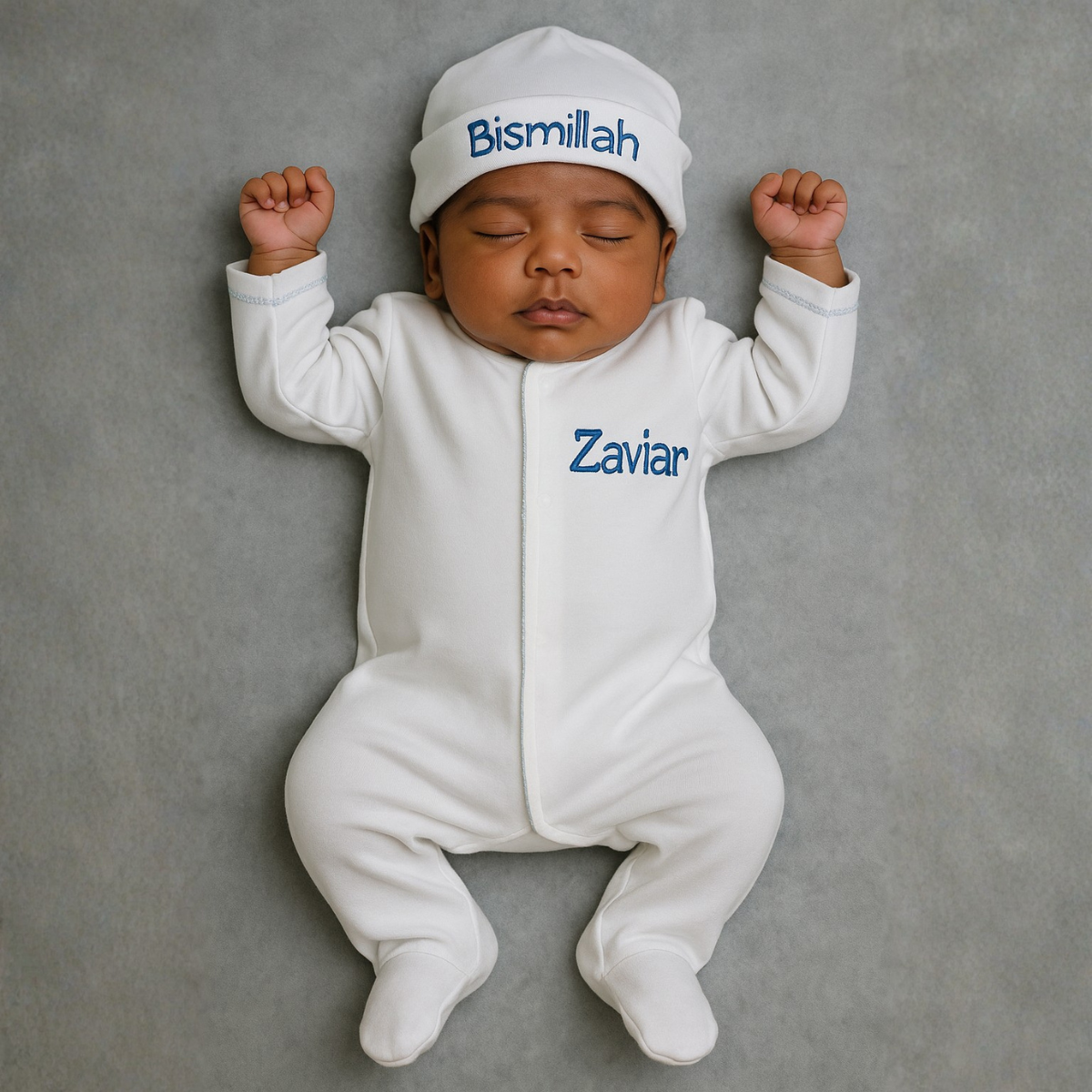 White with Baby Blue Footie and Hat