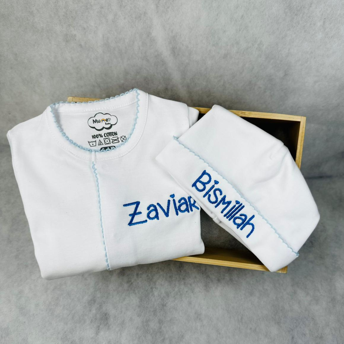 White with Baby Blue Footie and Hat