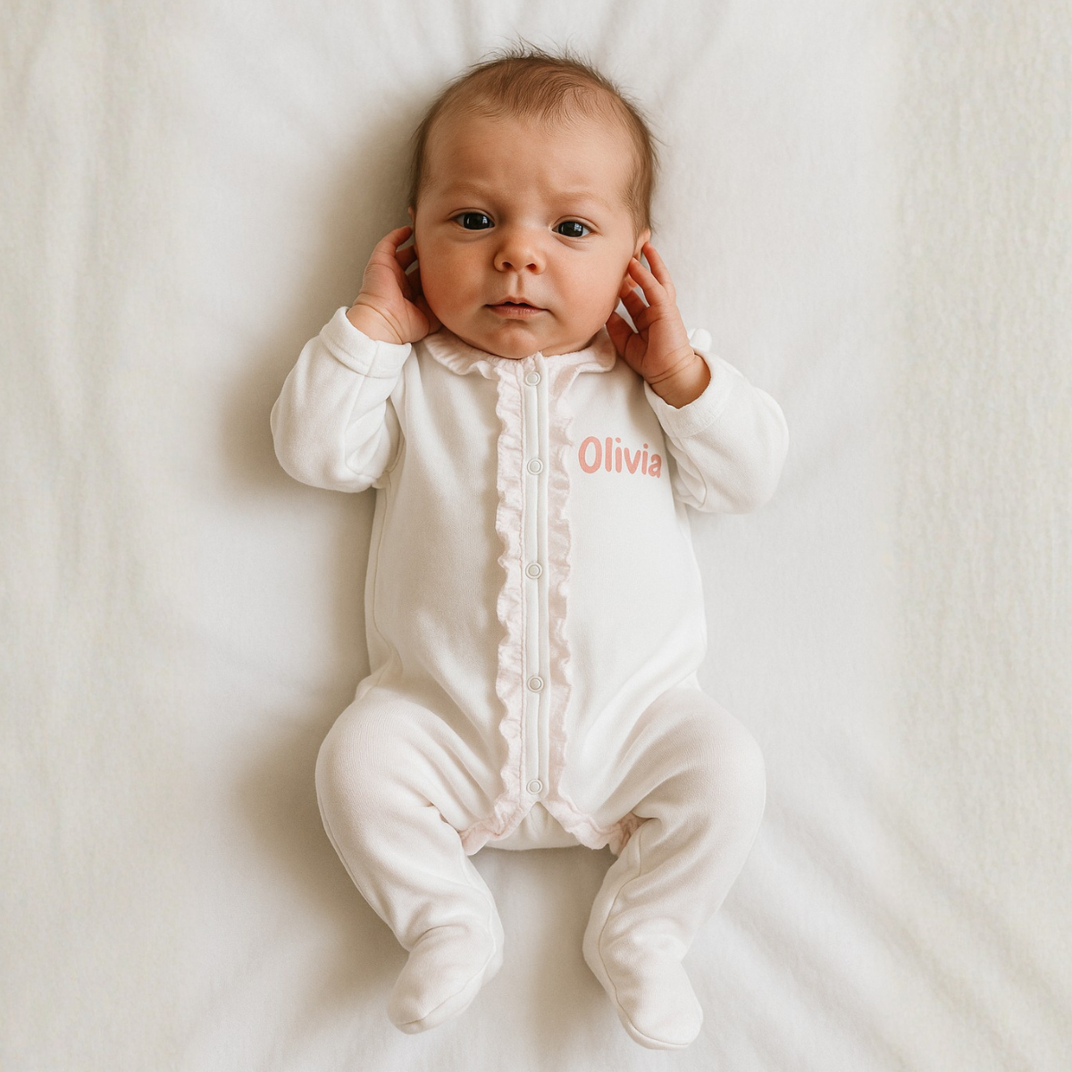 White with Pink Double Ruffle Picot Footie: 0-3 M