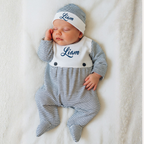 Navy Tiny Stripe Bib Front Footie and Hat