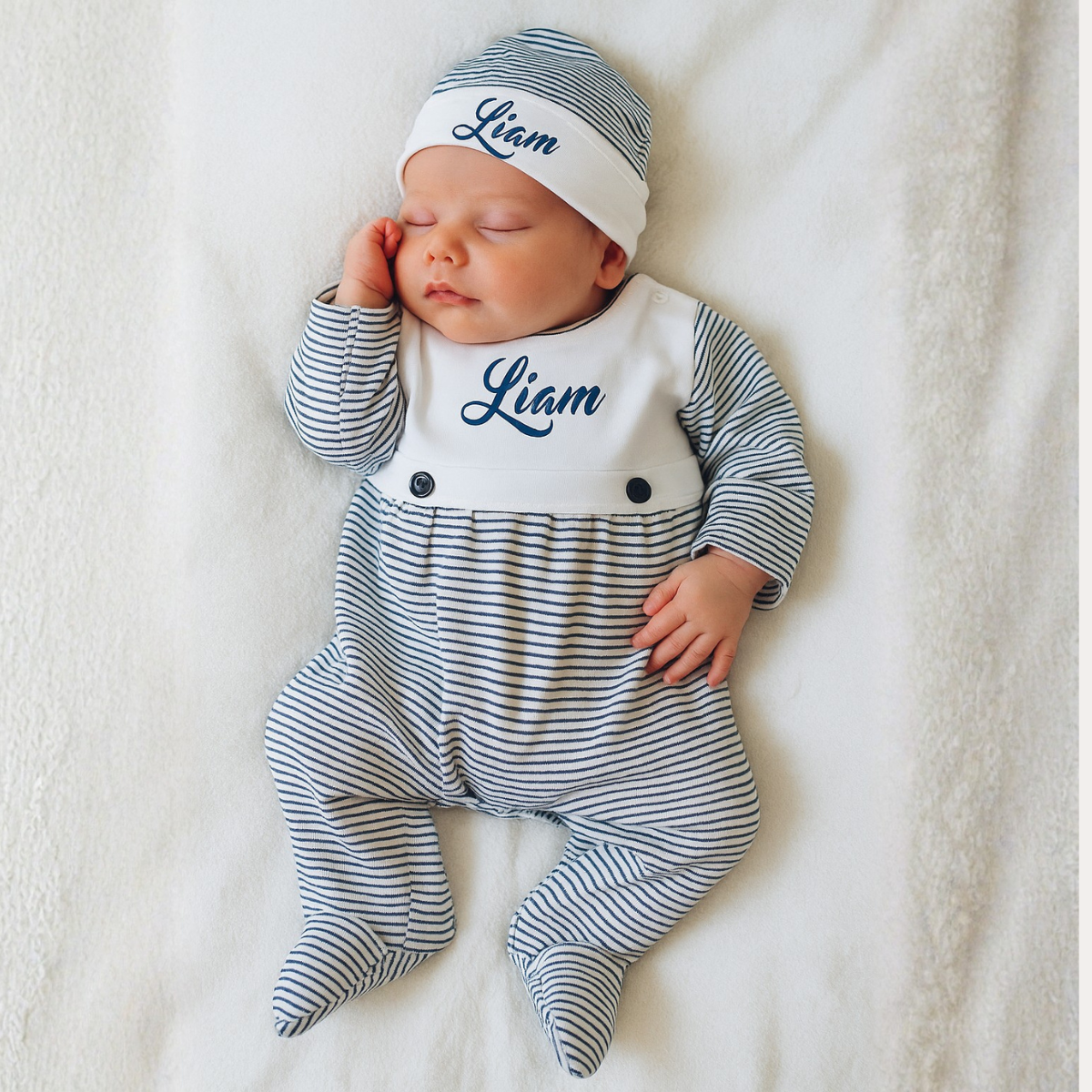 Navy Tiny Stripe Bib Front Footie and Hat