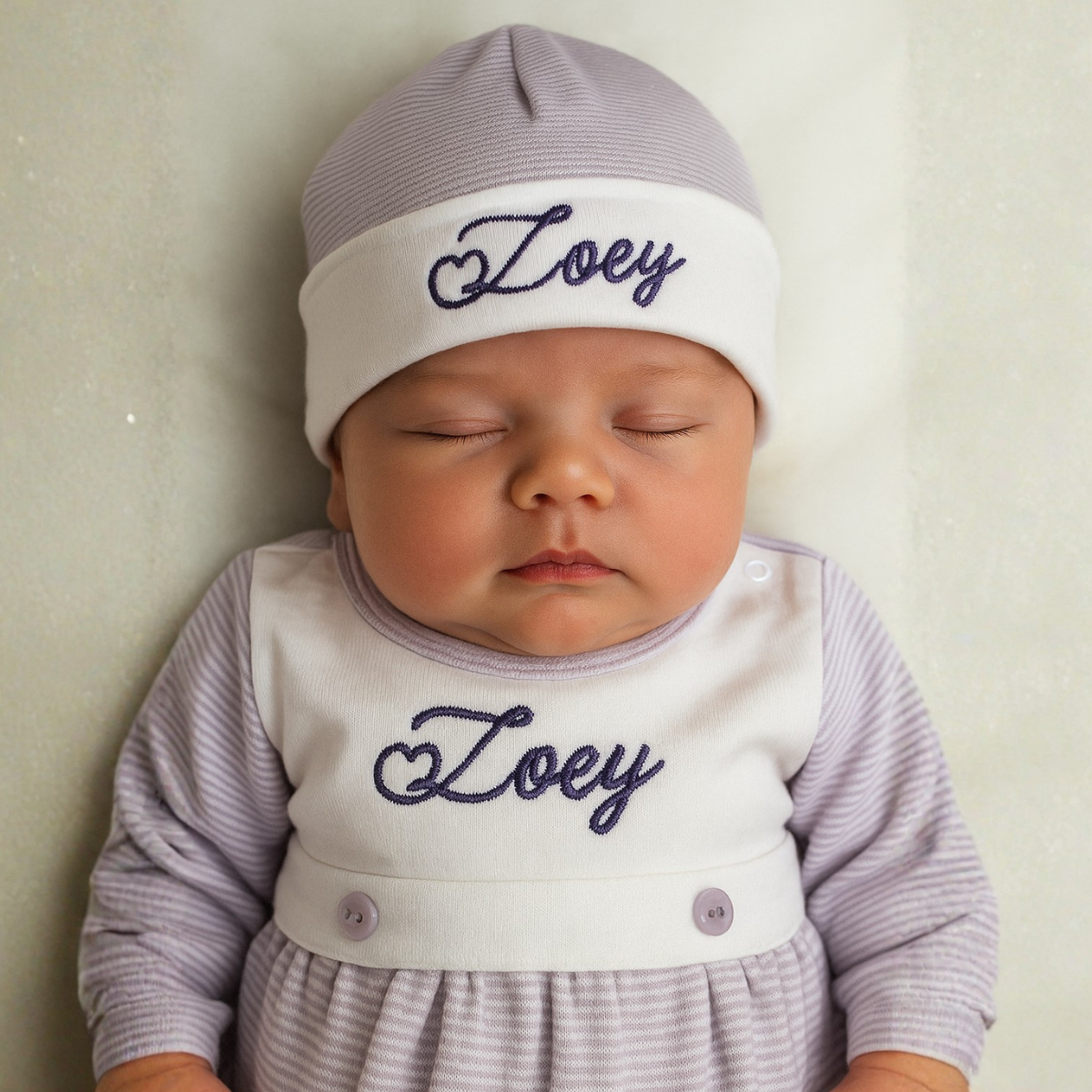 Lavender Tiny Stripe Bib Front Footie and Hat
