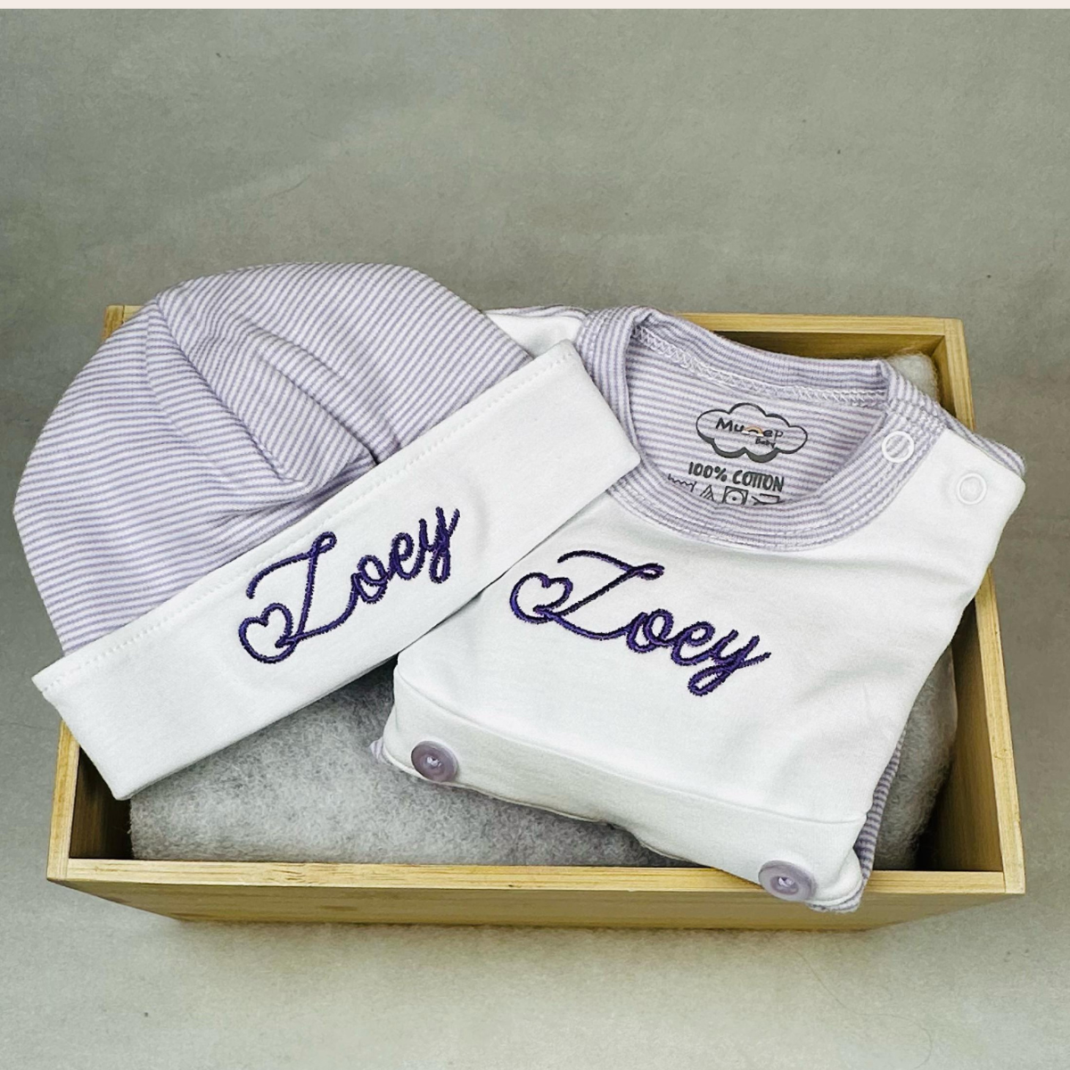 Lavender Tiny Stripe Bib Front Footie and Hat