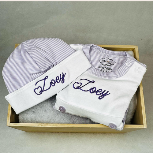 Lavender Tiny Stripe Bib Front Footie and Hat