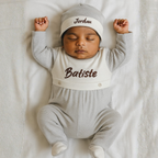 Light Grey Tiny Stripe Bib Front Footie and Hat