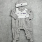 Light Grey Tiny Stripe Bib Front Footie and Hat