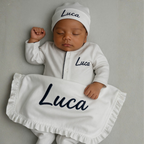 White with Navy Picot Footie and Hat