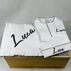 White with Navy Picot Footie and Hat