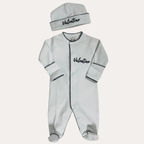 White with Navy Picot Footie and Hat