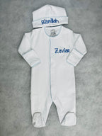 White with Baby Blue Footie and Hat