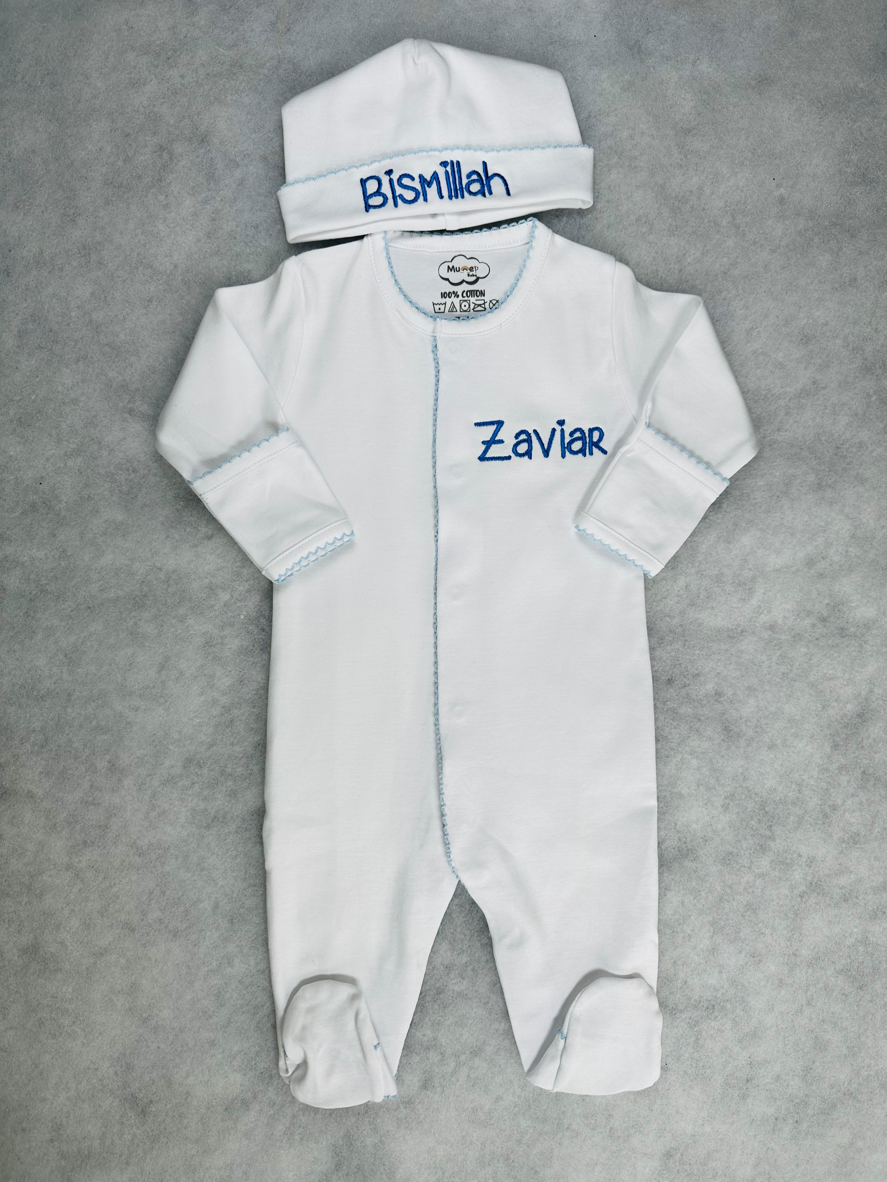 White with Baby Blue Footie and Hat