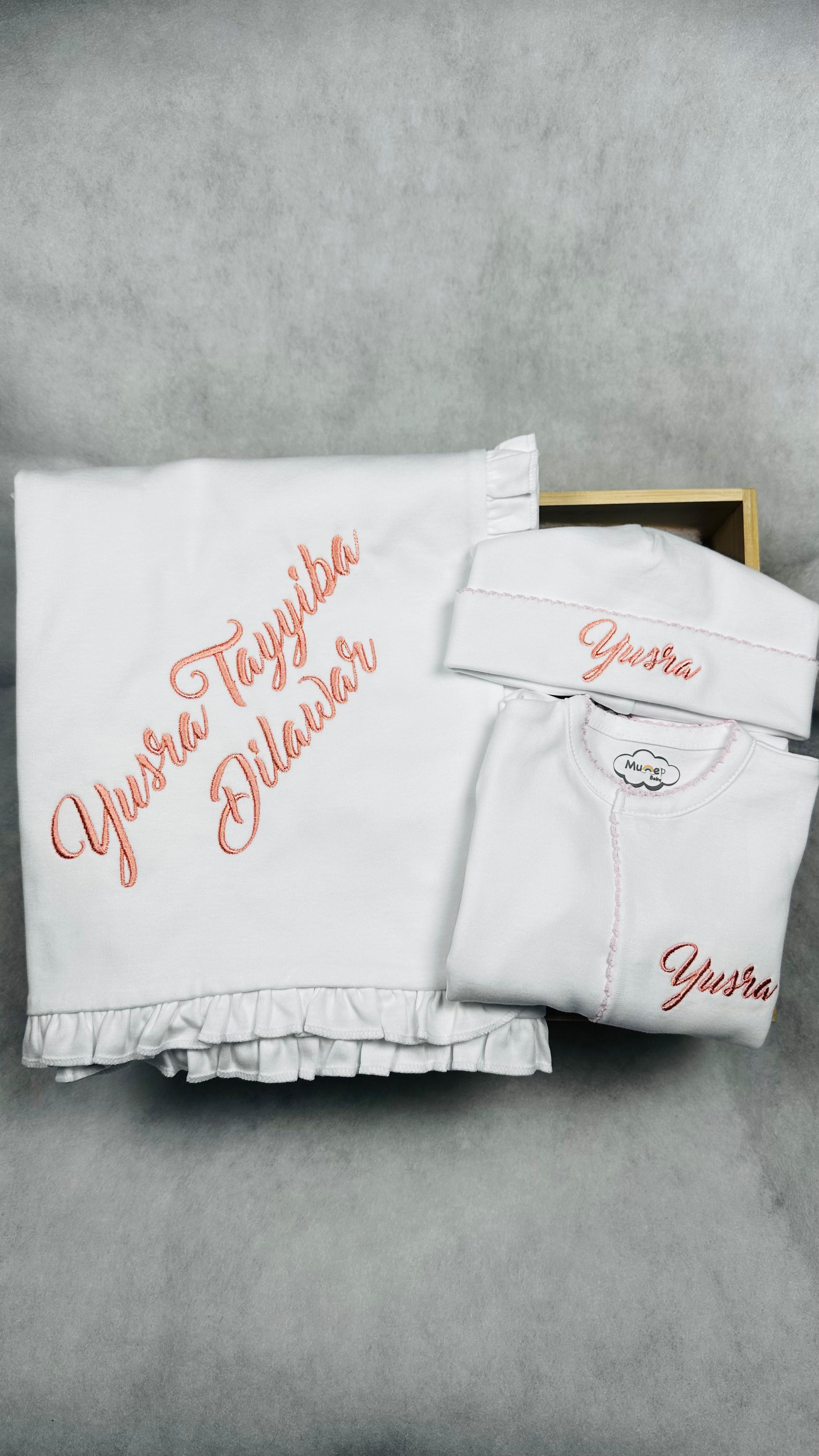 White with Pink Picot Footie and Hat