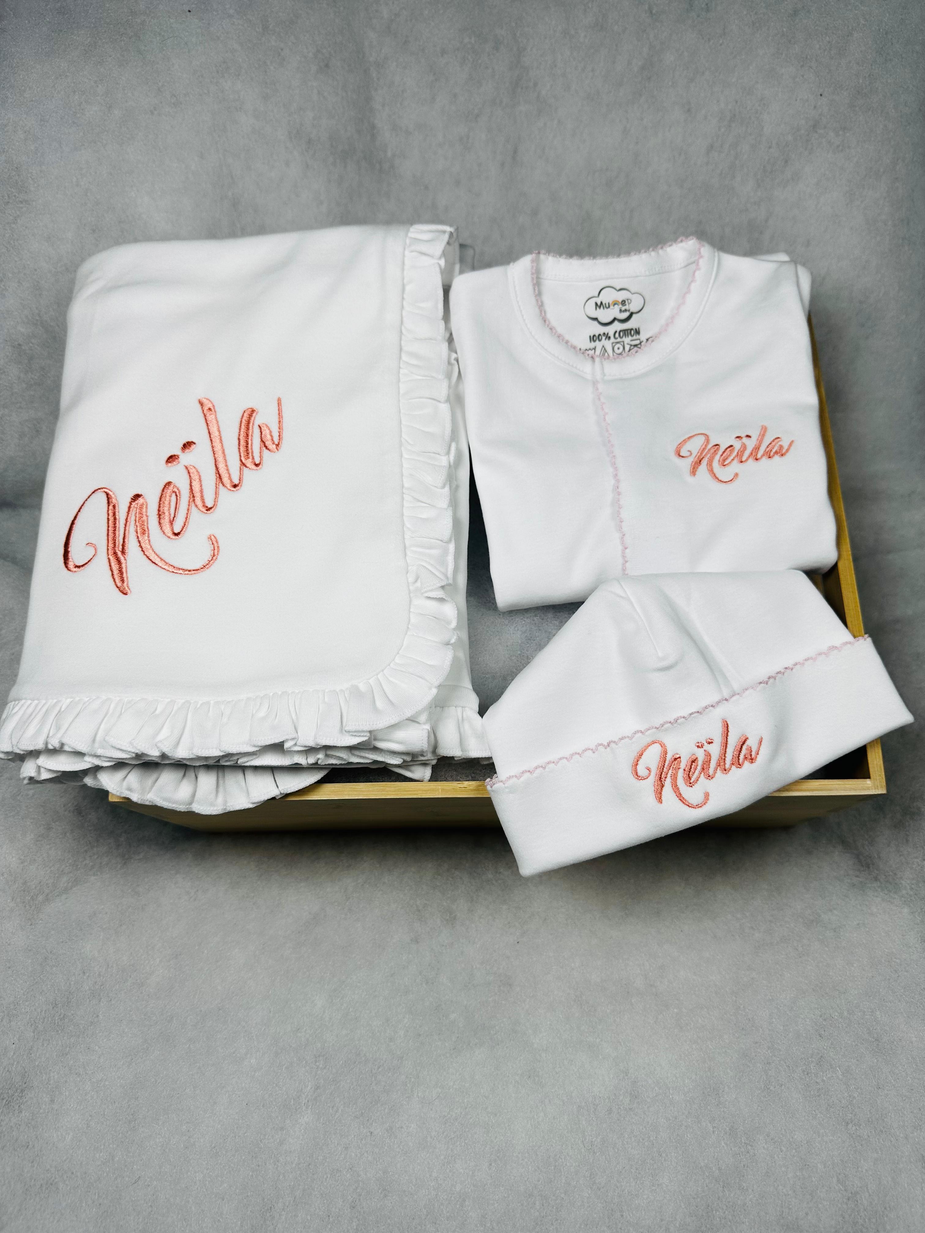 White with Pink Picot Footie and Hat