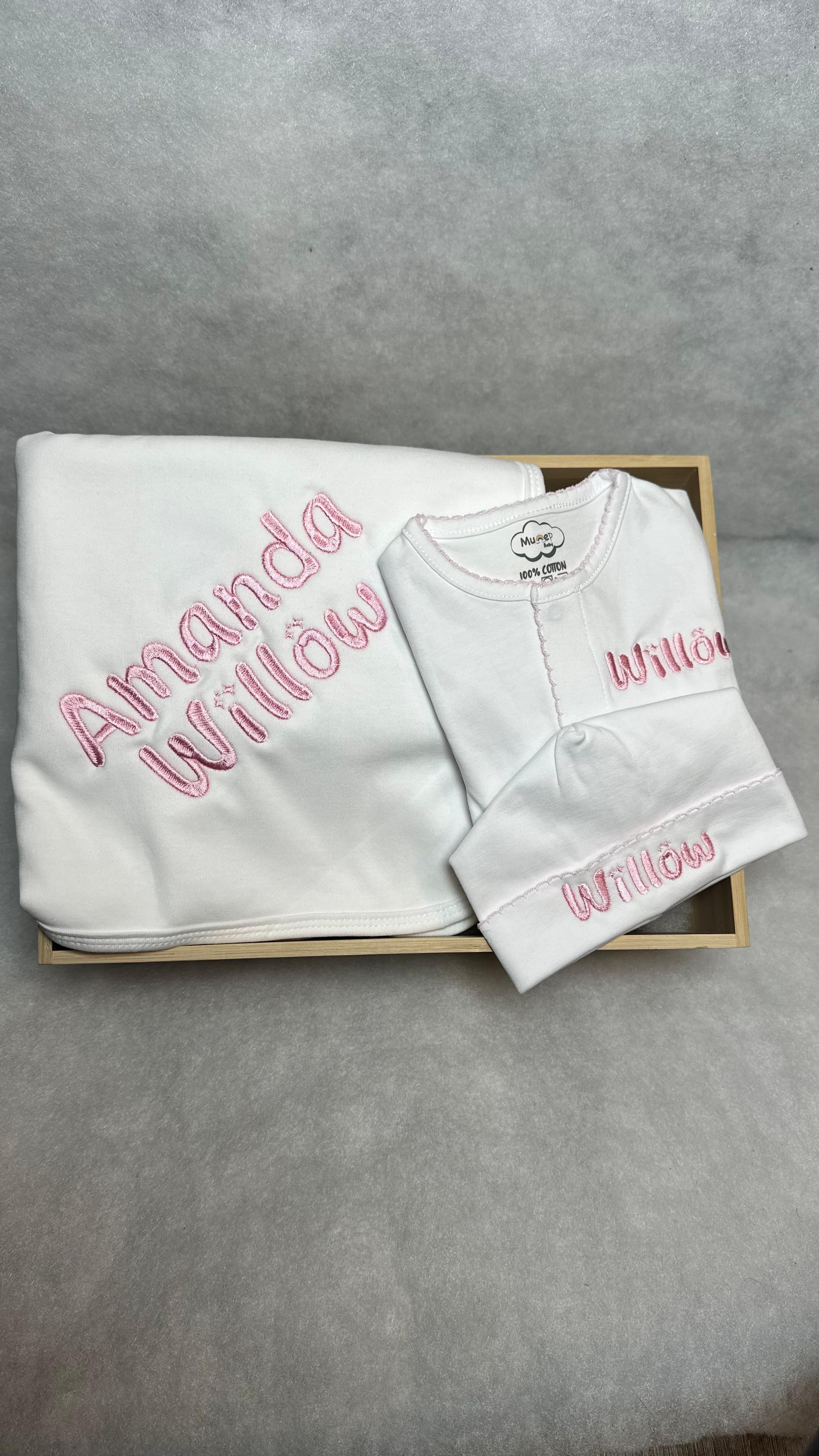 White with Pink Picot Footie and Hat