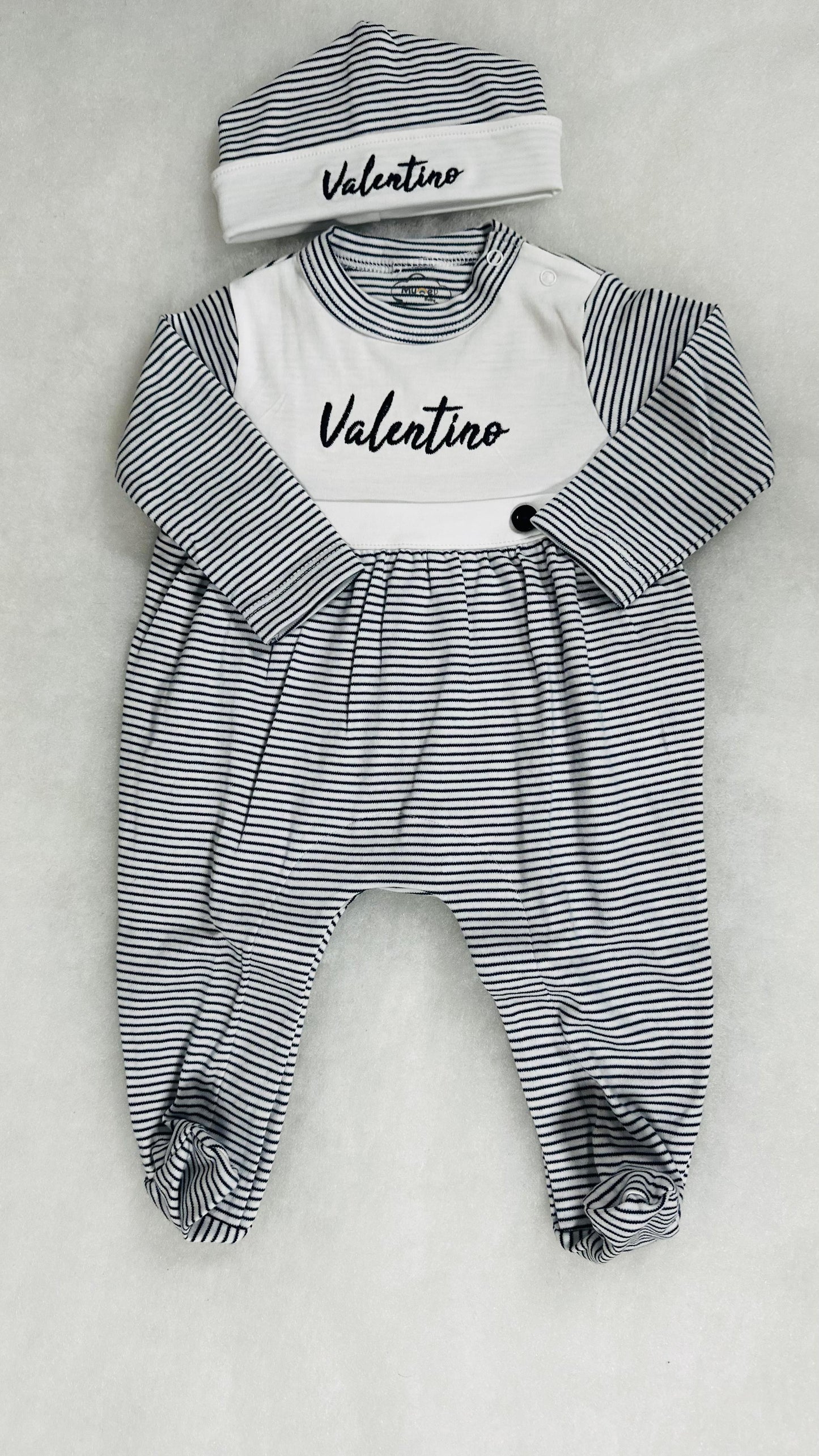 Navy Tiny Stripe Bib Front Footie and Hat