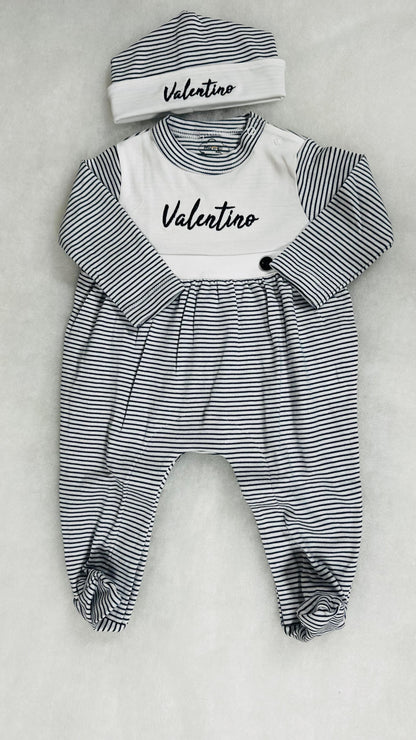 Navy Tiny Stripe Bib Front Footie and Hat