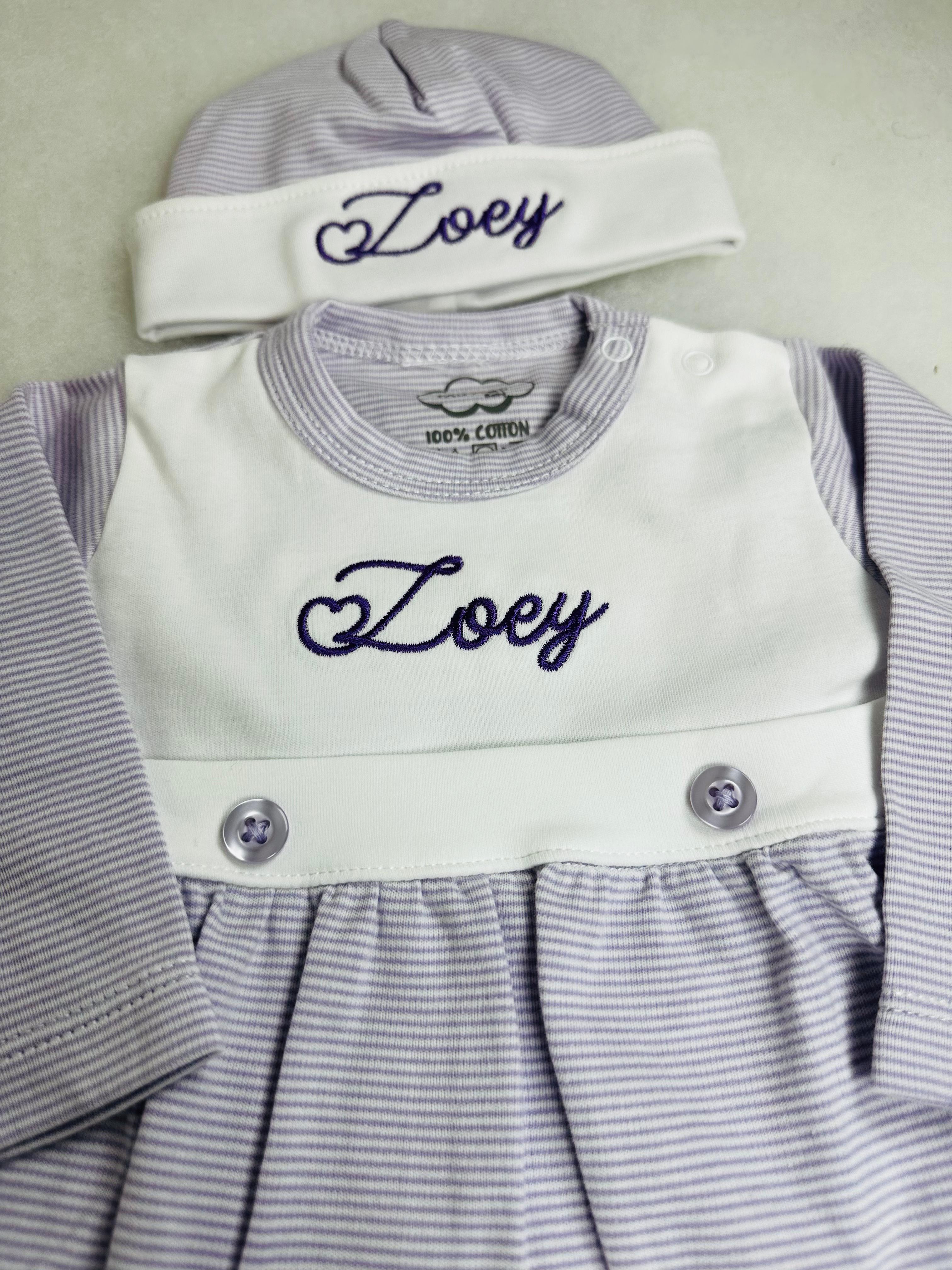 Lavender Tiny Stripe Bib Front Footie and Hat