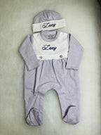 Lavender Tiny Stripe Bib Front Footie and Hat