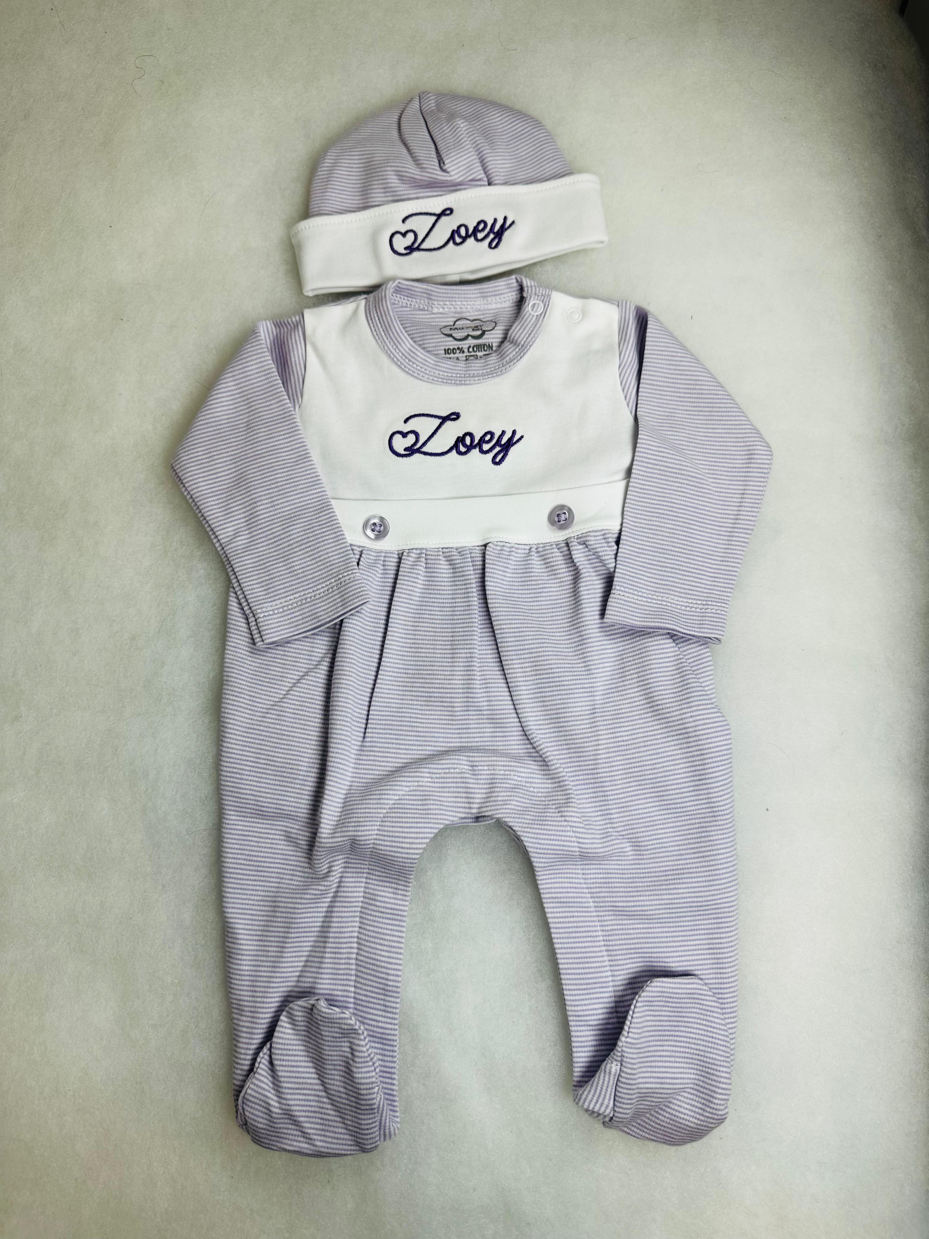 Lavender Tiny Stripe Bib Front Footie and Hat