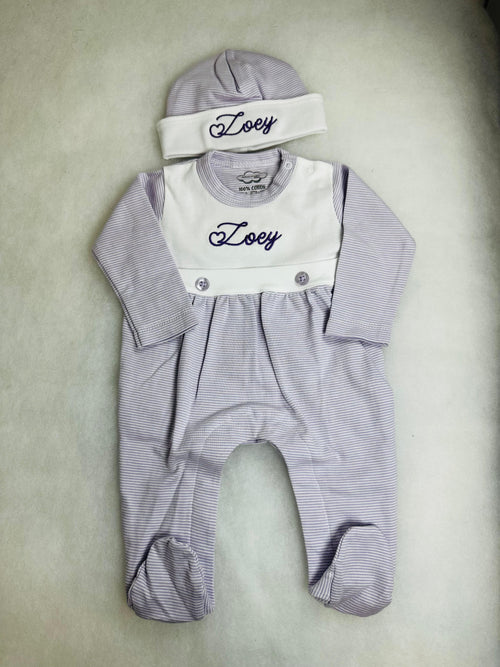 Lavender Tiny Stripe Bib Front Footie and Hat
