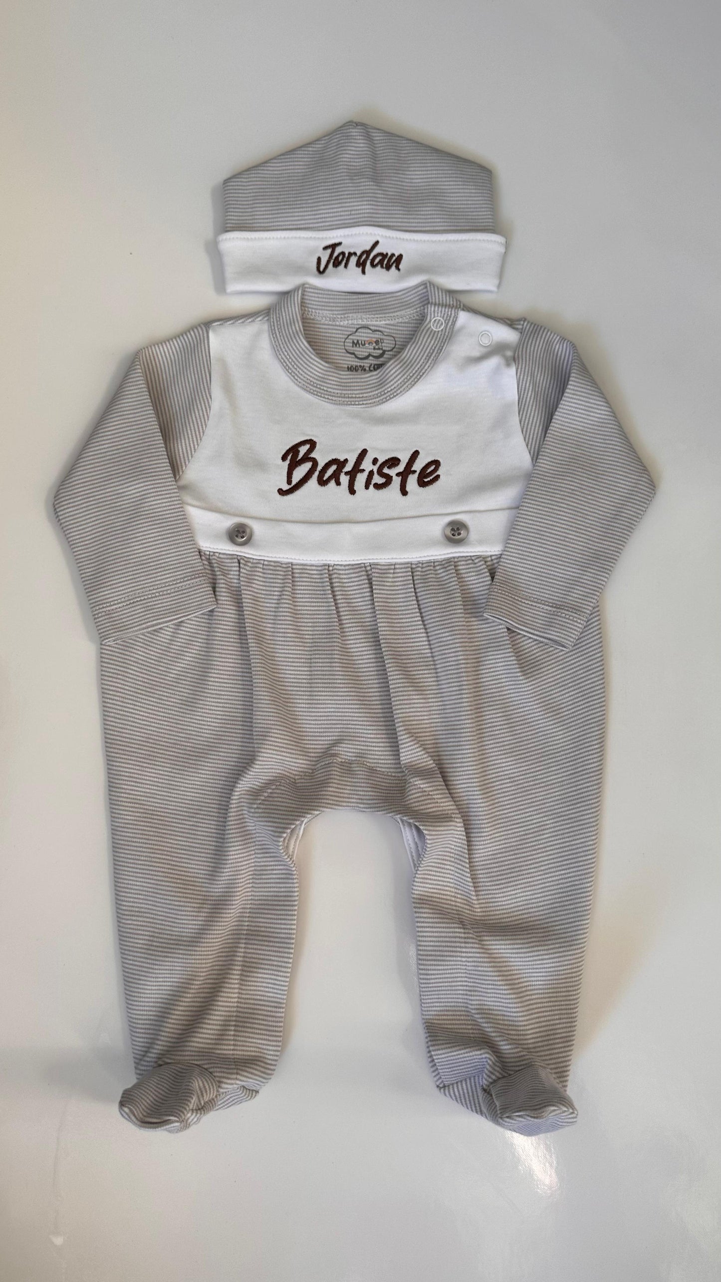 Light Grey Tiny Stripe Bib Front Footie and Hat
