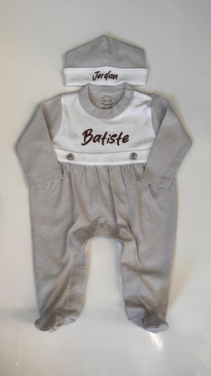 Light Grey Tiny Stripe Bib Front Footie and Hat