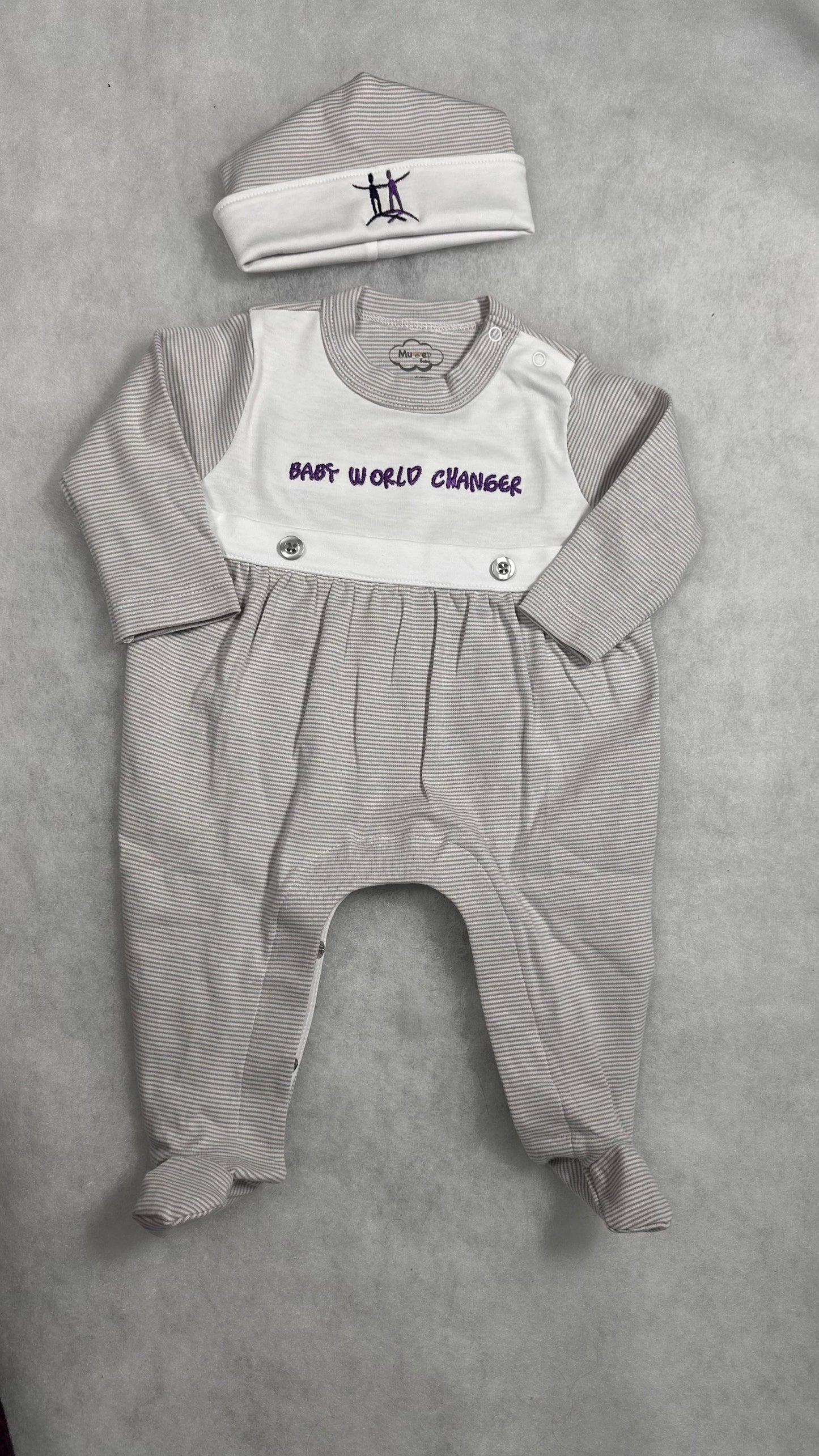 Light Grey Tiny Stripe Bib Front Footie and Hat