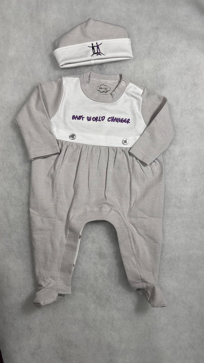 Light Grey Tiny Stripe Bib Front Footie and Hat