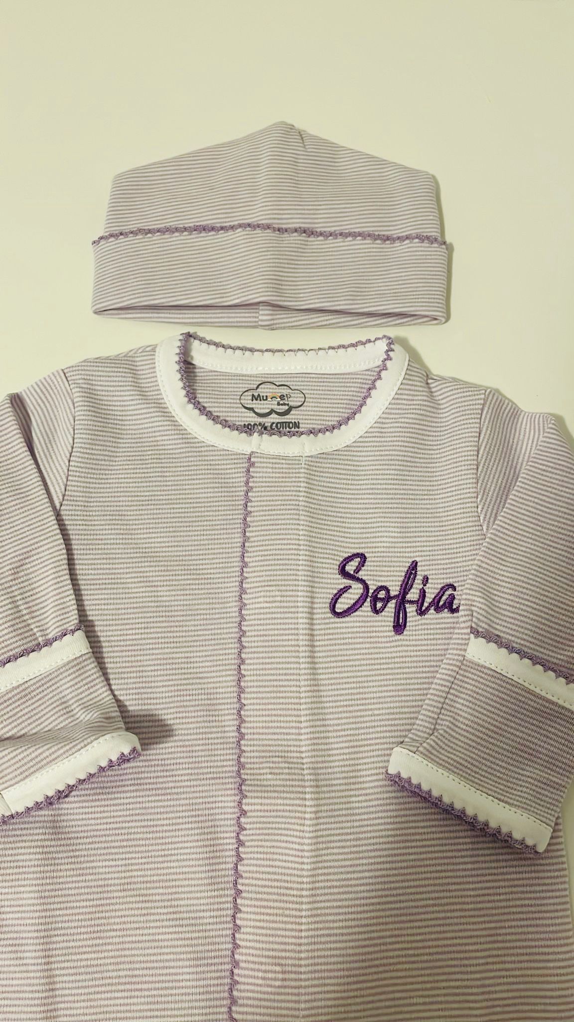 Lavender Tiny Stripe Footie and Hat