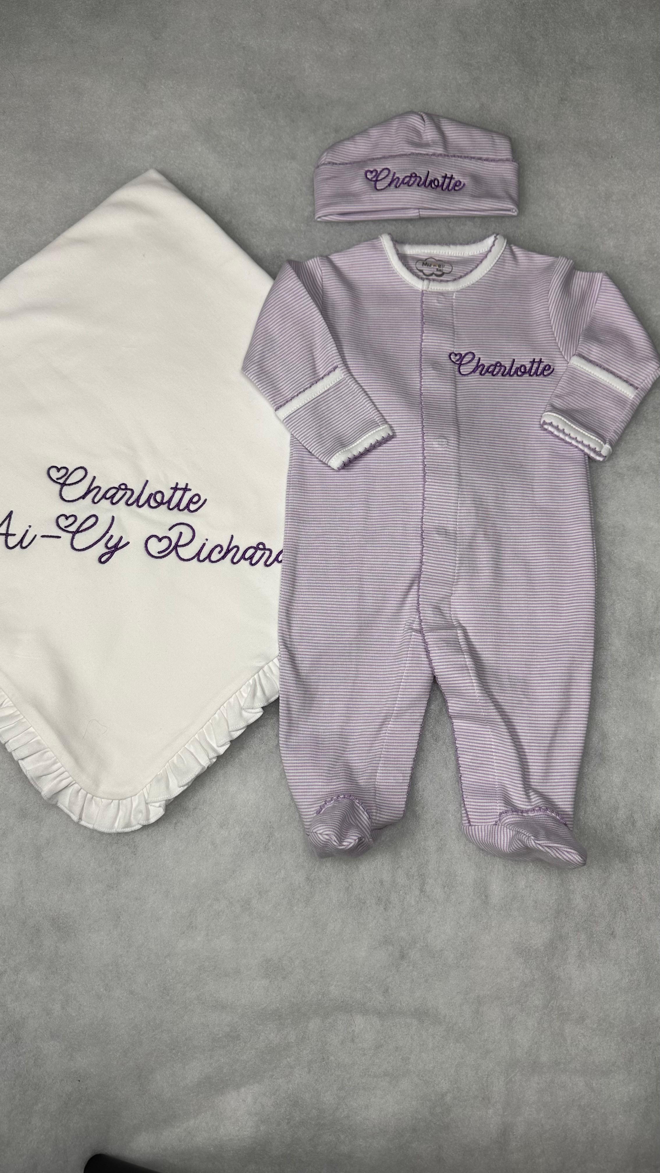 Lavender Tiny Stripe Footie and Hat