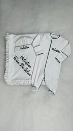 White with Navy Picot Footie and Hat