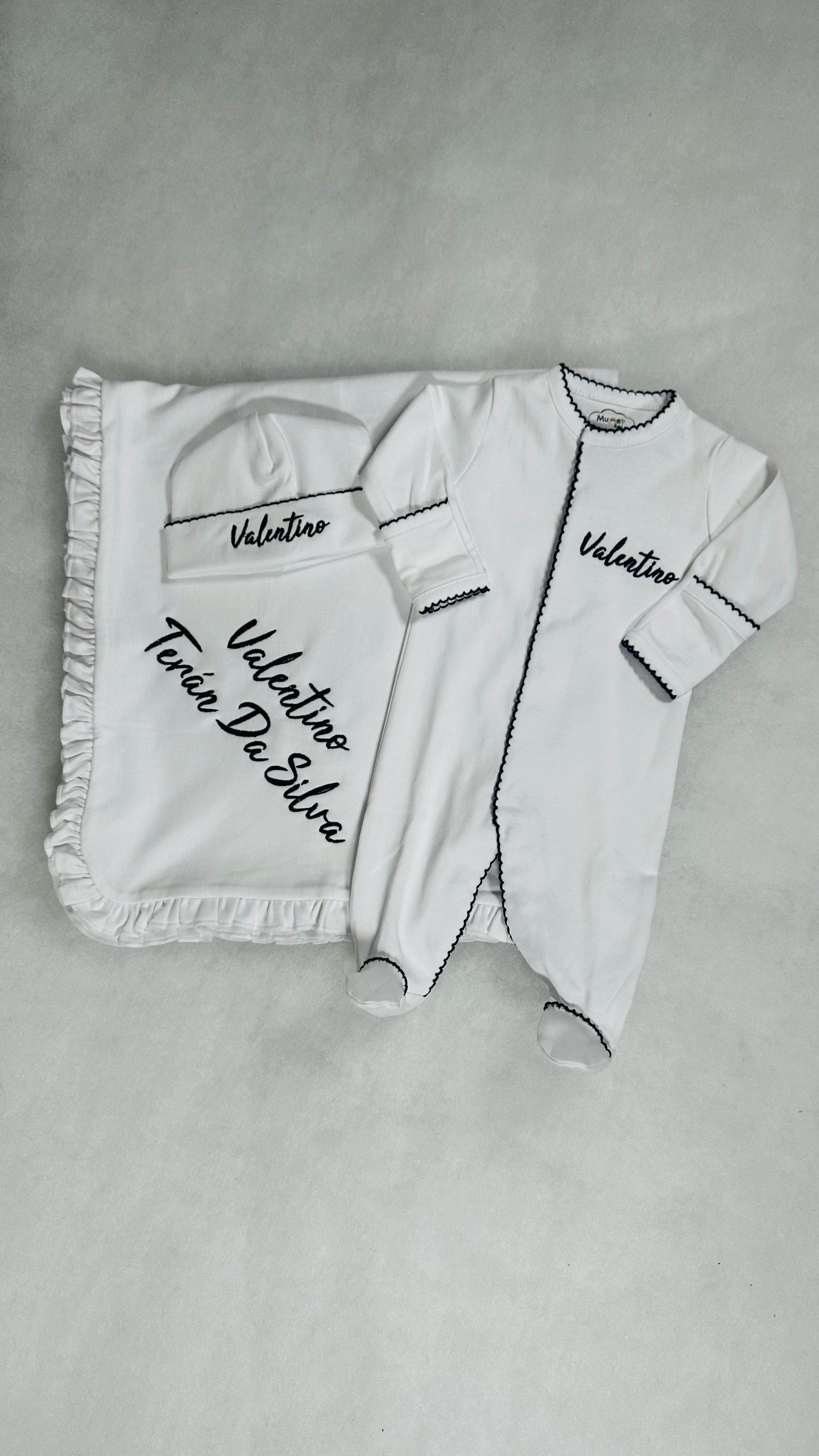 White with Navy Picot Footie and Hat