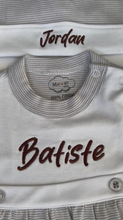 Light Grey Tiny Stripe Bib Front Footie and Hat